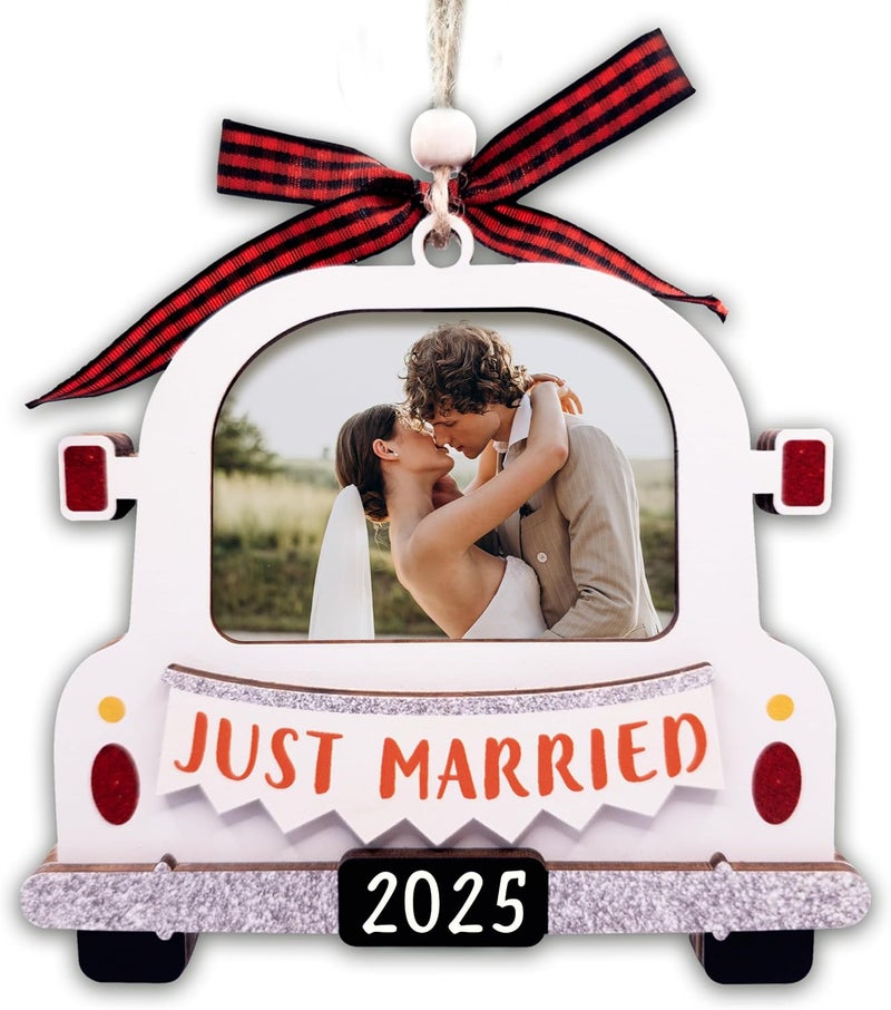Hangwoous Just Married Ornament 2025 Picture Frame, Large Size - Just Married Frame - Wedding Christmas Ornament 2025 - Mr And Mrs Wedding Gifts For Newlywed Couple - Wedding Shower Gifts, Bridal Shower Gift - Image 1